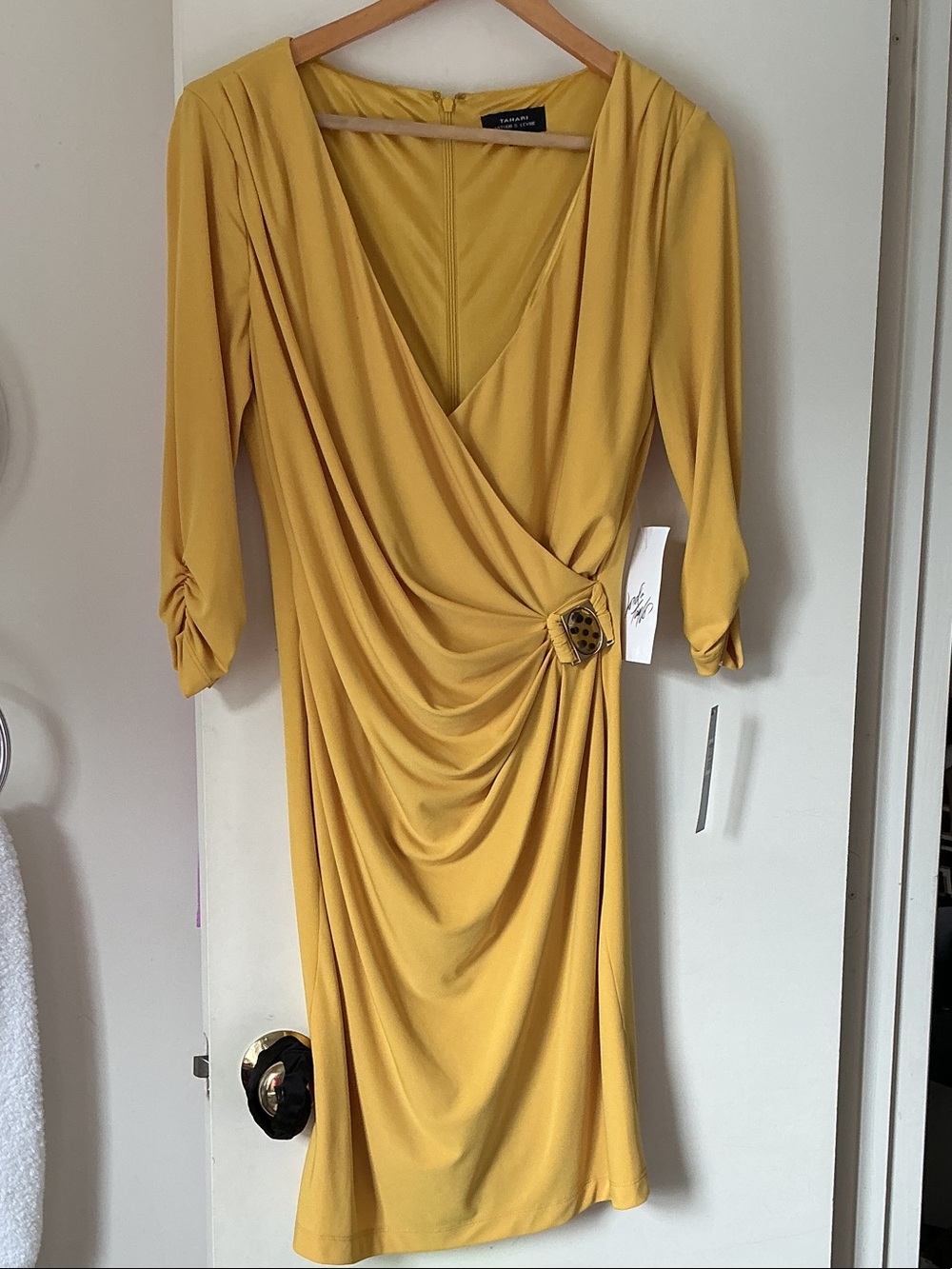 Tahari ASL Golden Mustard Draped Wrap Dress with Buckle